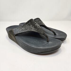 FitFlop Womens Rokkit Gray Suede Rhinestone Thong Sandals Size 6 Wedge Comfort